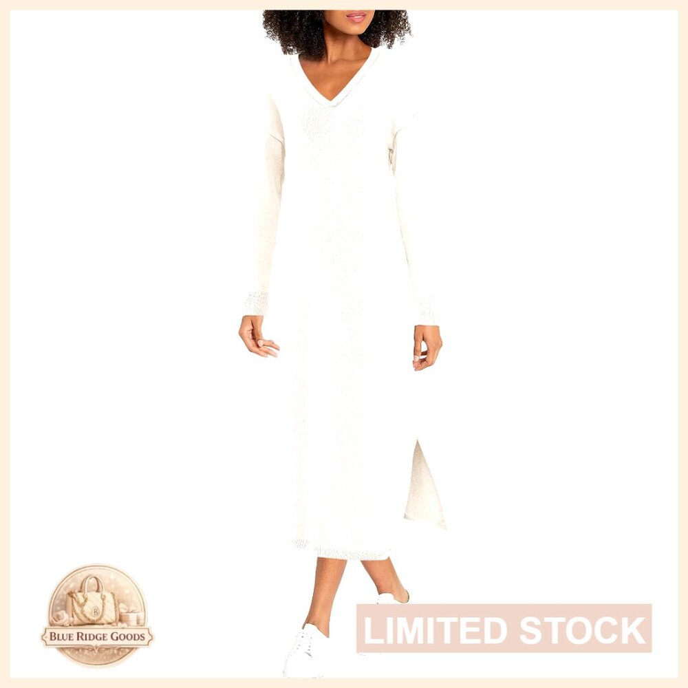 Oversized V-Neck Sweater Dress Long Sleeve Slit Maxi Casual Chic Winter